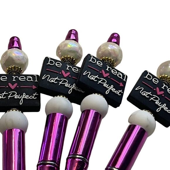 Be real, not perfect beaded pen handmade black pink white metallic bling NEW - Picture 1 of 6
